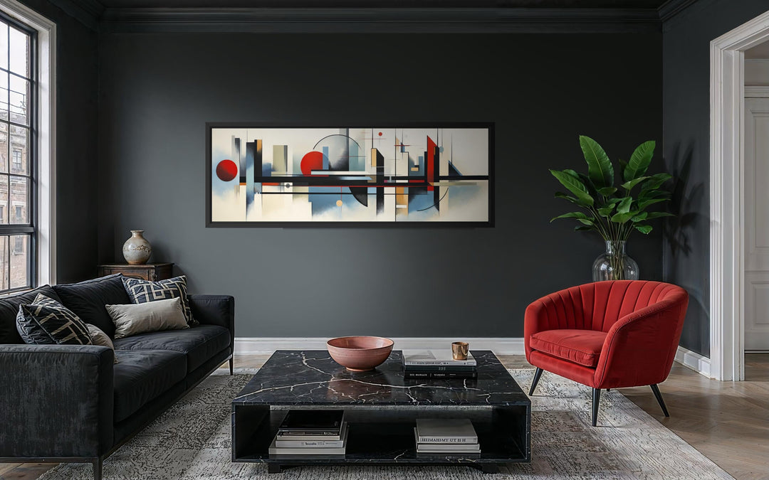 Bauhaus wall art featuring a modern geometric abstract painting on a horizontal canvas.