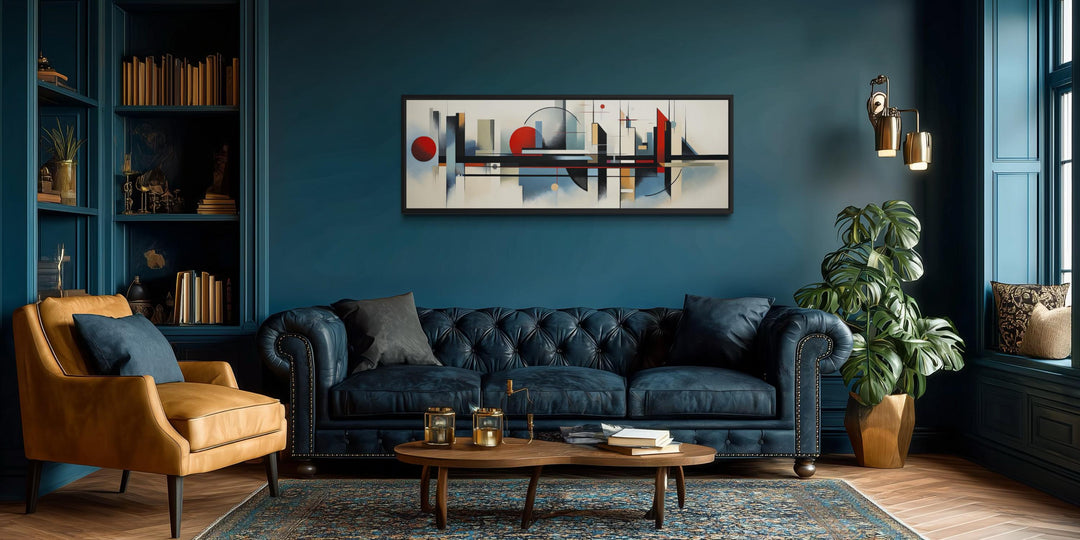 Bauhaus wall art featuring a modern geometric abstract painting on a horizontal canvas.
