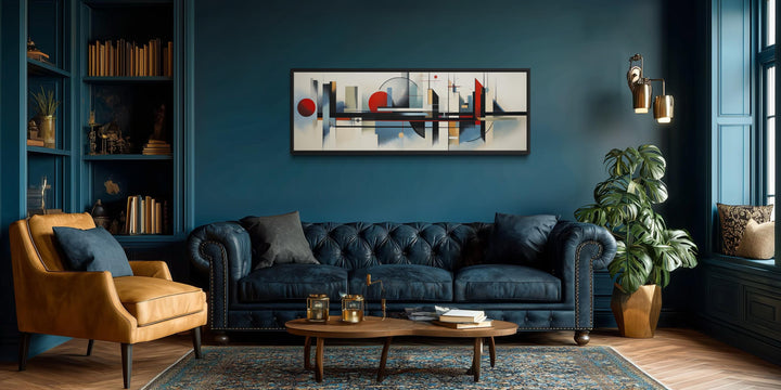 Bauhaus wall art featuring a modern geometric abstract painting on a horizontal canvas.