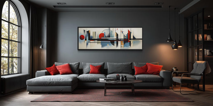 Bauhaus wall art featuring a modern geometric abstract painting on a horizontal canvas.