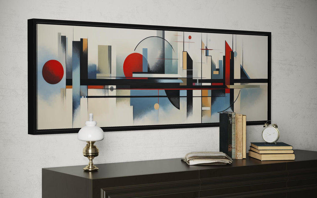 Bauhaus-style horizontal abstract canvas painting with geometric shapes in red, blue, and black.