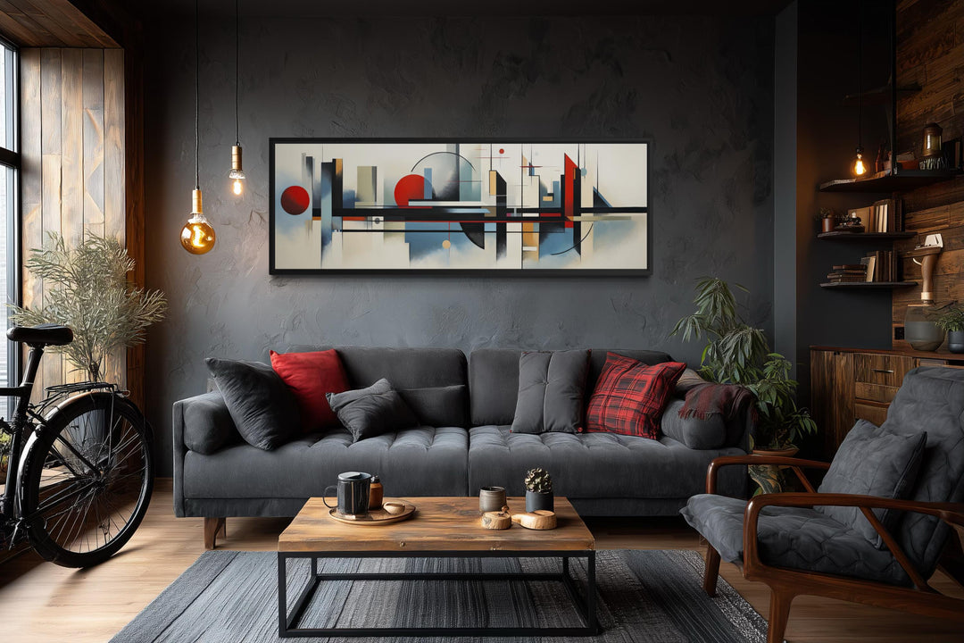 Bauhaus wall art featuring a modern geometric abstract painting on a horizontal canvas.