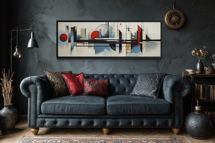 Bauhaus wall art featuring a modern geometric abstract painting on a horizontal canvas.