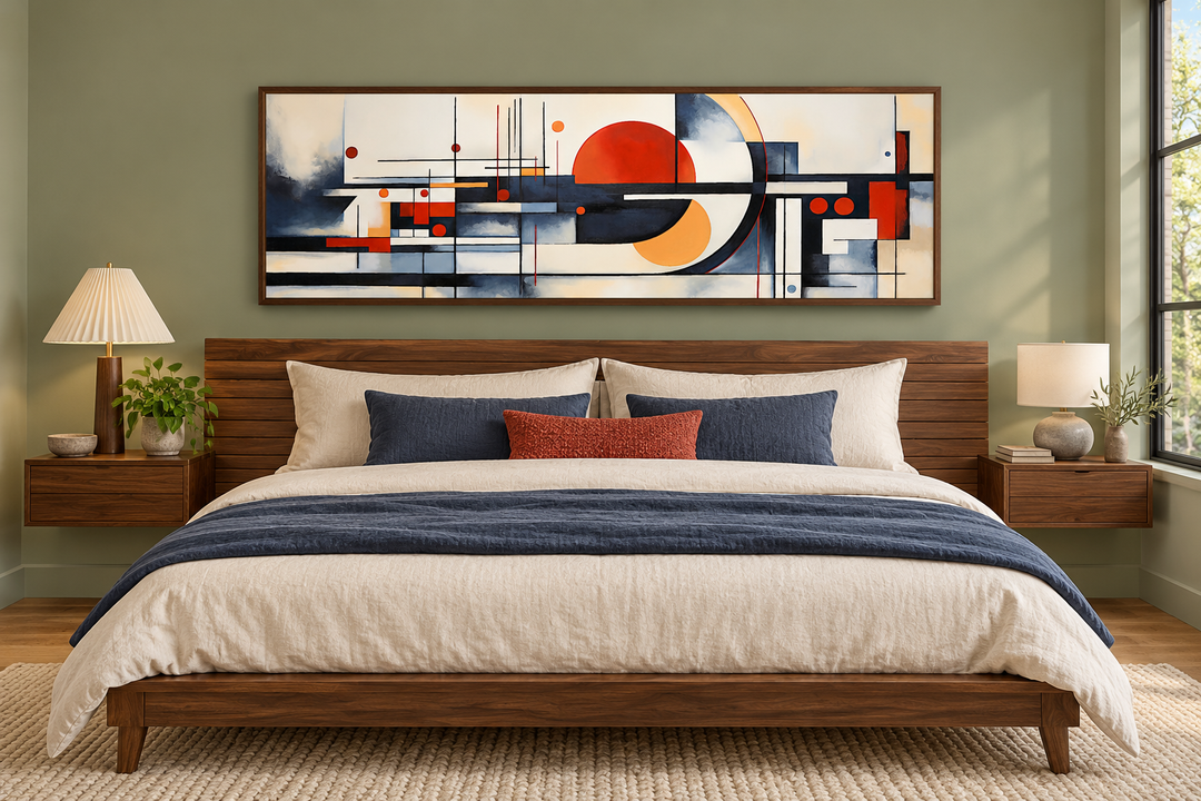Bauhaus abstract geometric canvas print in a panoramic frame above a mid-century modern walnut bed.