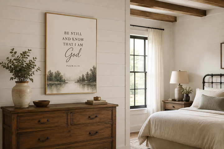 Be Still and Know That I Am God scripture wall art on a watercolor landscape above a wooden dresser.