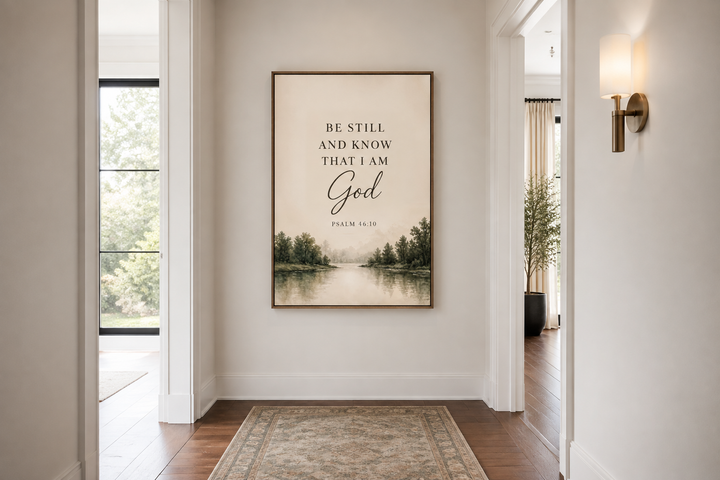Vertical canvas art with Psalm 46:10 over a watercolor landscape of a misty lake and trees.