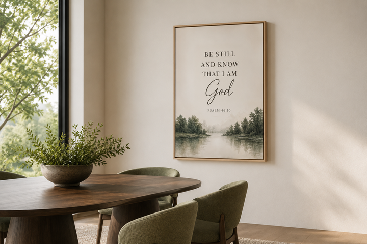 Be Still and Know That I Am God scripture wall art with a watercolor landscape in a dining room.