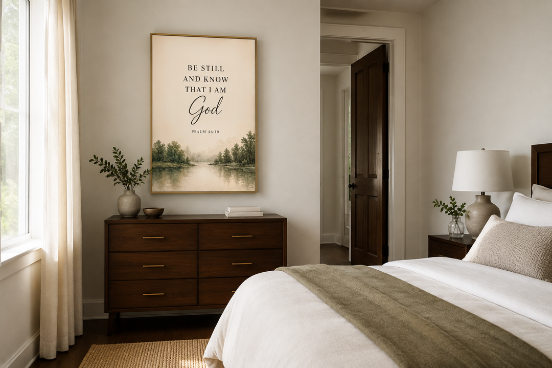 Be Still and Know That I Am God scripture wall art above a dark wood dresser in a neutral bedroom.