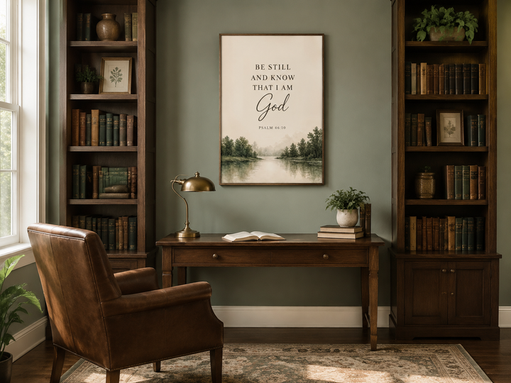 Vertical scripture wall art with a watercolor landscape above a desk in a home library.