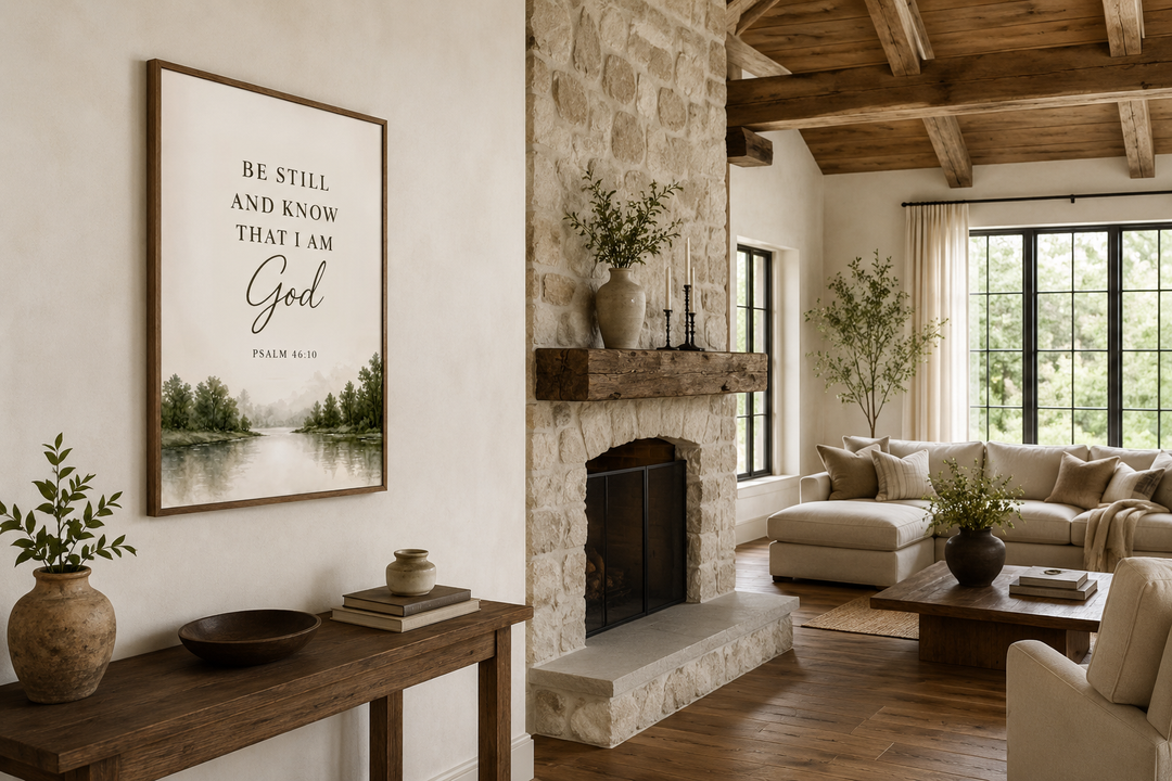 Be Still and Know That I Am God watercolor landscape scripture wall art in a rustic living room.
