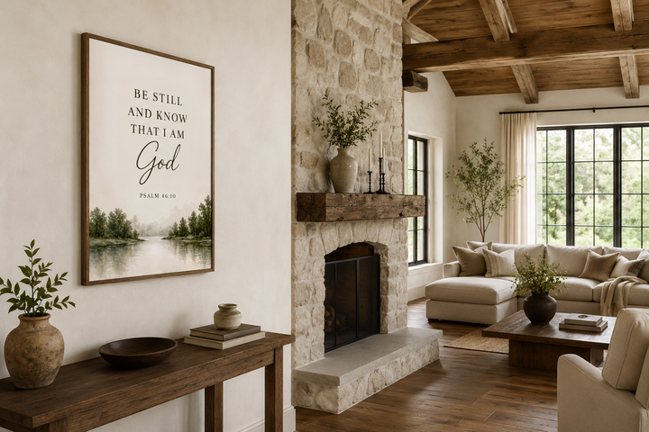 Be Still and Know That I Am God watercolor landscape scripture wall art in a rustic living room.