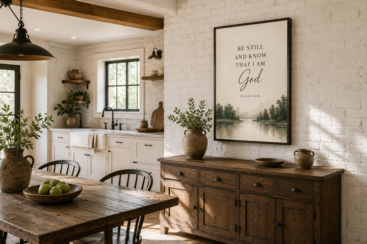 Be Still and Know That I Am God scripture wall art on a watercolor landscape in a rustic dining room.