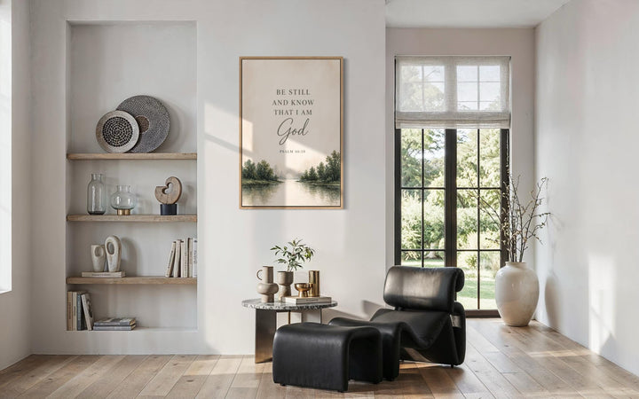 Be Still and Know That I Am God scripture wall art featuring a calm watercolor landscape.