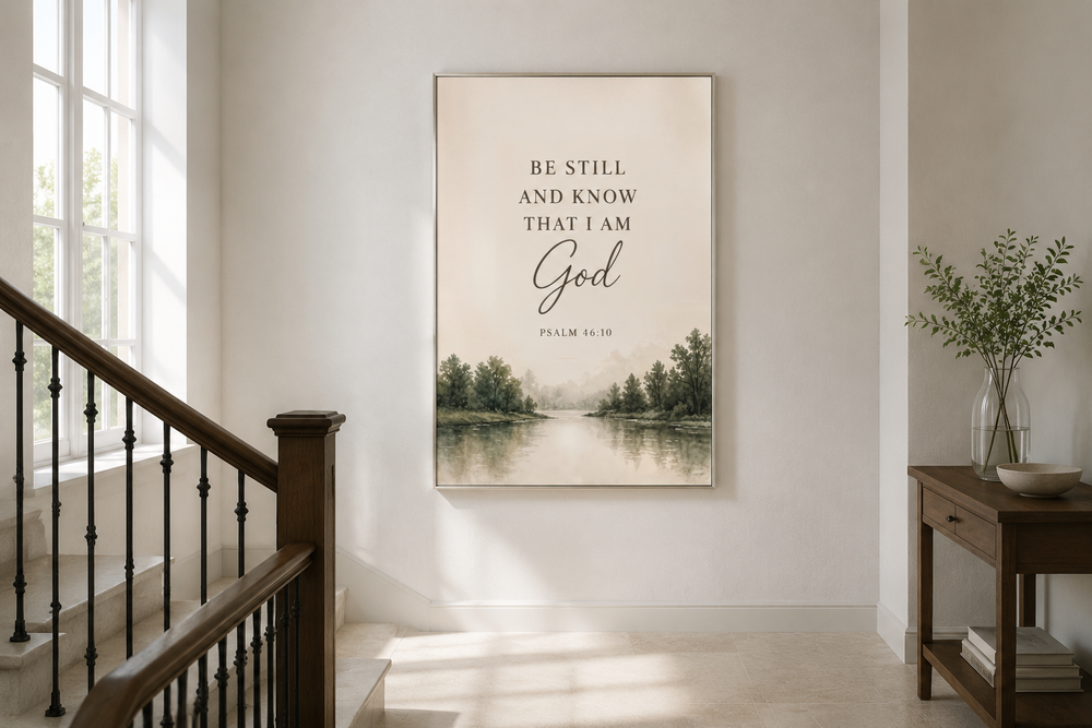 Be Still and Know That I Am God watercolor landscape scripture wall art in a neutral hallway.