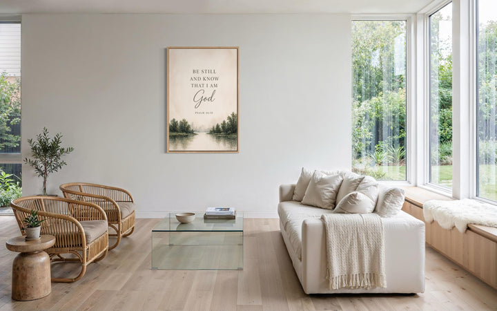 Be Still and Know That I Am God scripture wall art featuring a watercolor landscape in a modern room.