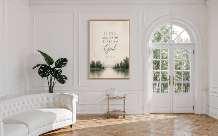 Be Still and Know That I Am God scripture wall art on a watercolor landscape in a bright room.