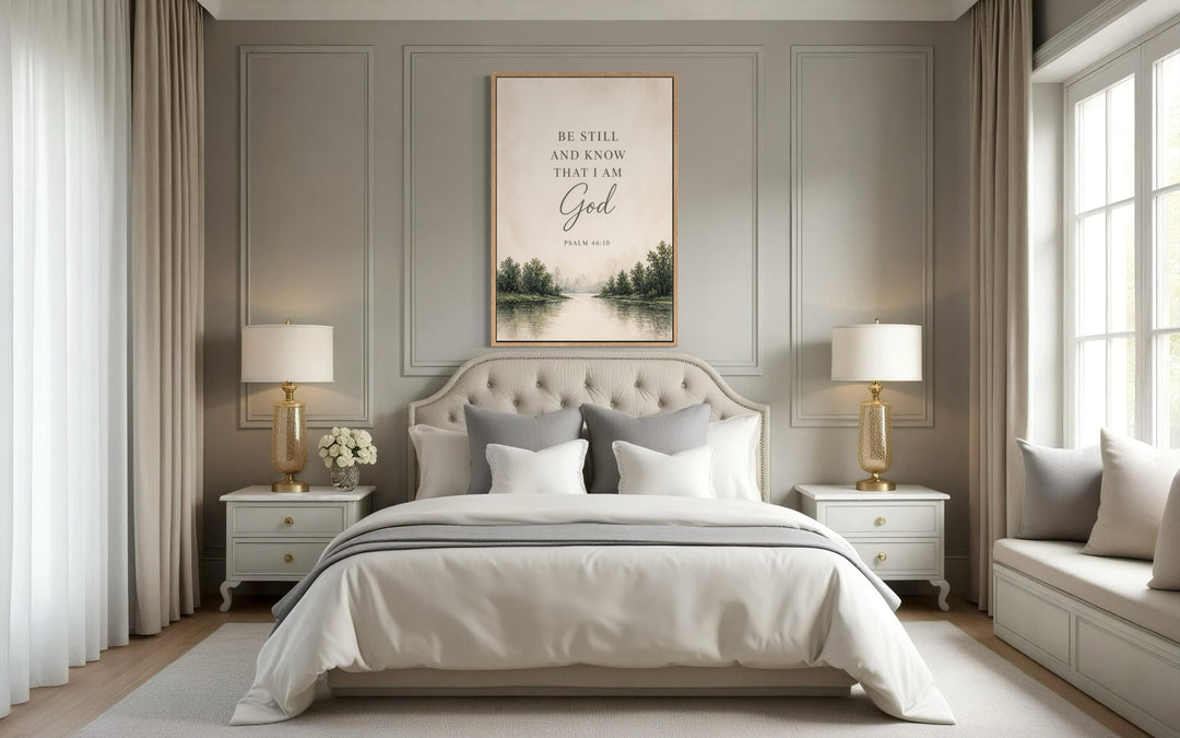 Be Still and Know That I Am God scripture wall art above a bed in a neutral, elegant bedroom.