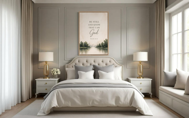 Be Still and Know That I Am God scripture wall art above a bed in a neutral, elegant bedroom.