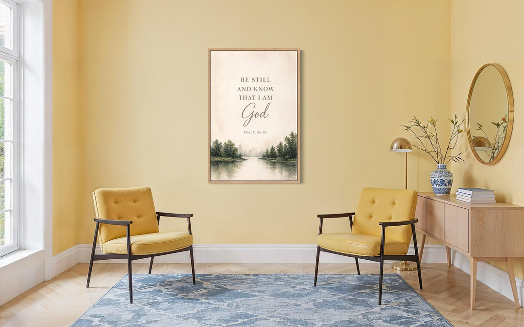 Be Still and Know That I Am God watercolor landscape scripture wall art in a serene room setting.