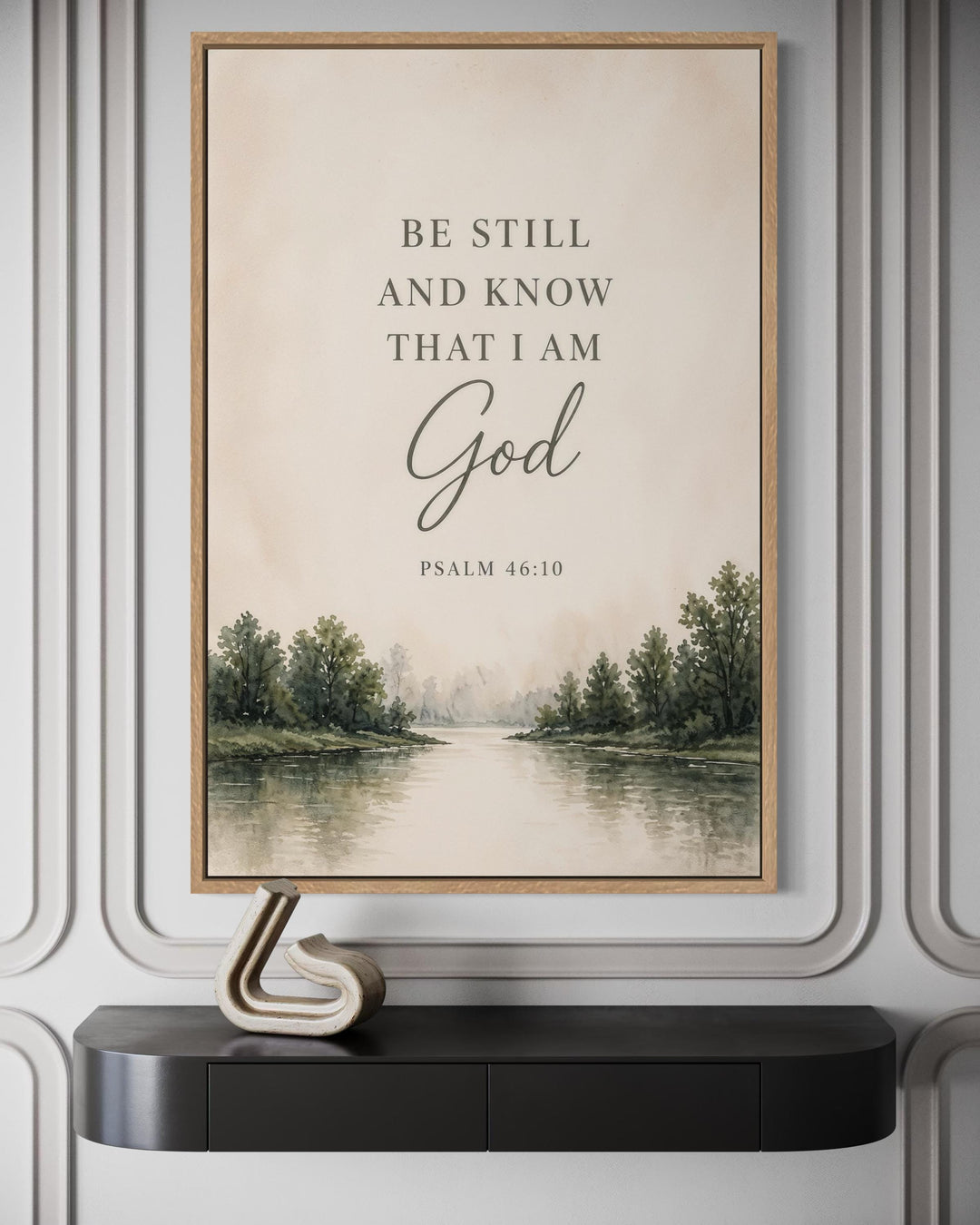 Be Still and Know That I Am God scripture art with a watercolor lake and forest landscape.