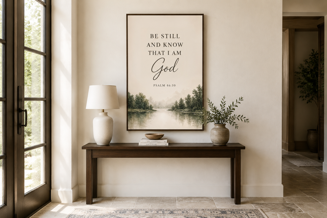 Be Still and Know That I Am God scripture wall art over a console table in a neutral room.