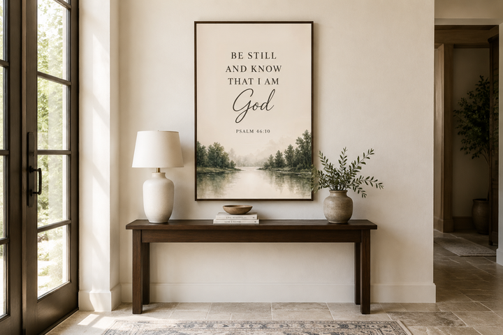 Be Still and Know That I Am God scripture wall art over a console table in a neutral room.