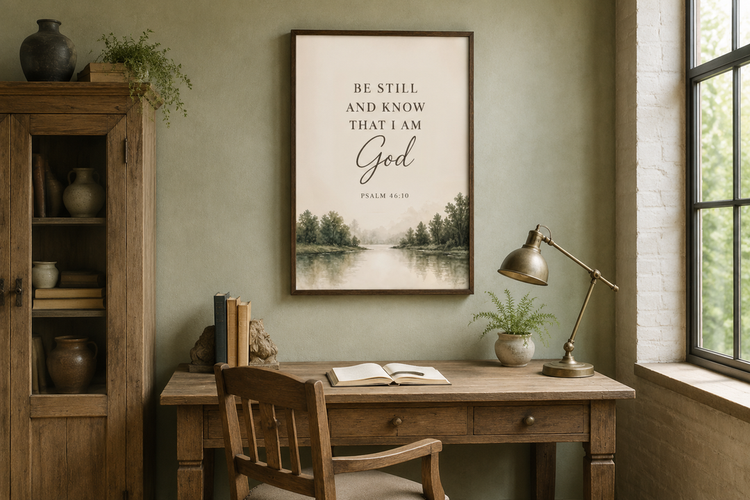Be Still and Know That I Am God scripture wall art above a wooden desk in a cozy study.