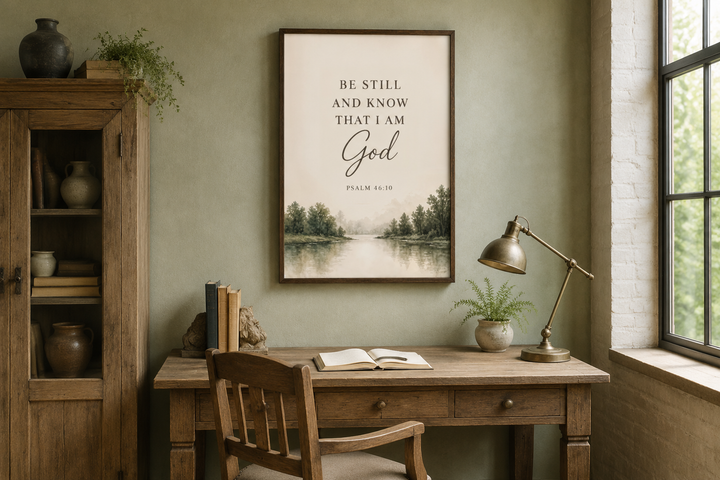 Be Still and Know That I Am God scripture wall art above a wooden desk in a cozy study.