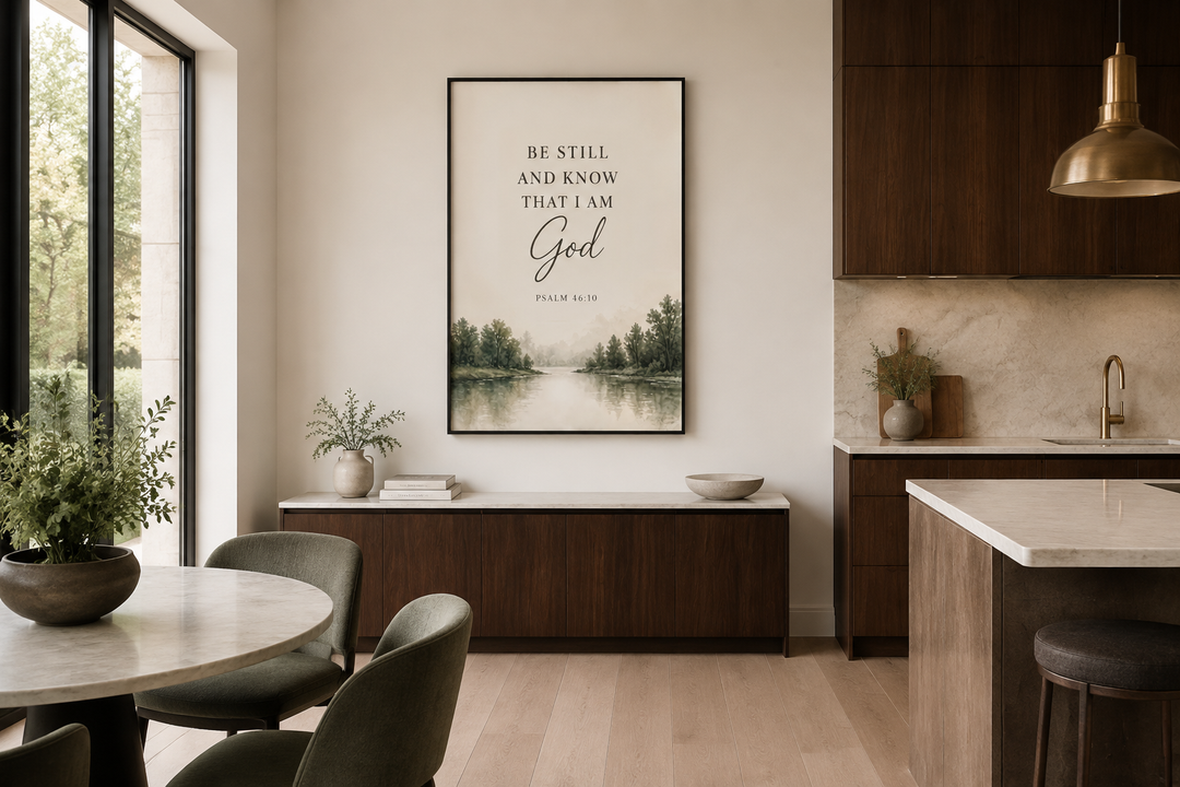 Be Still and Know That I Am God scripture wall art on a watercolor landscape in a modern kitchen.
