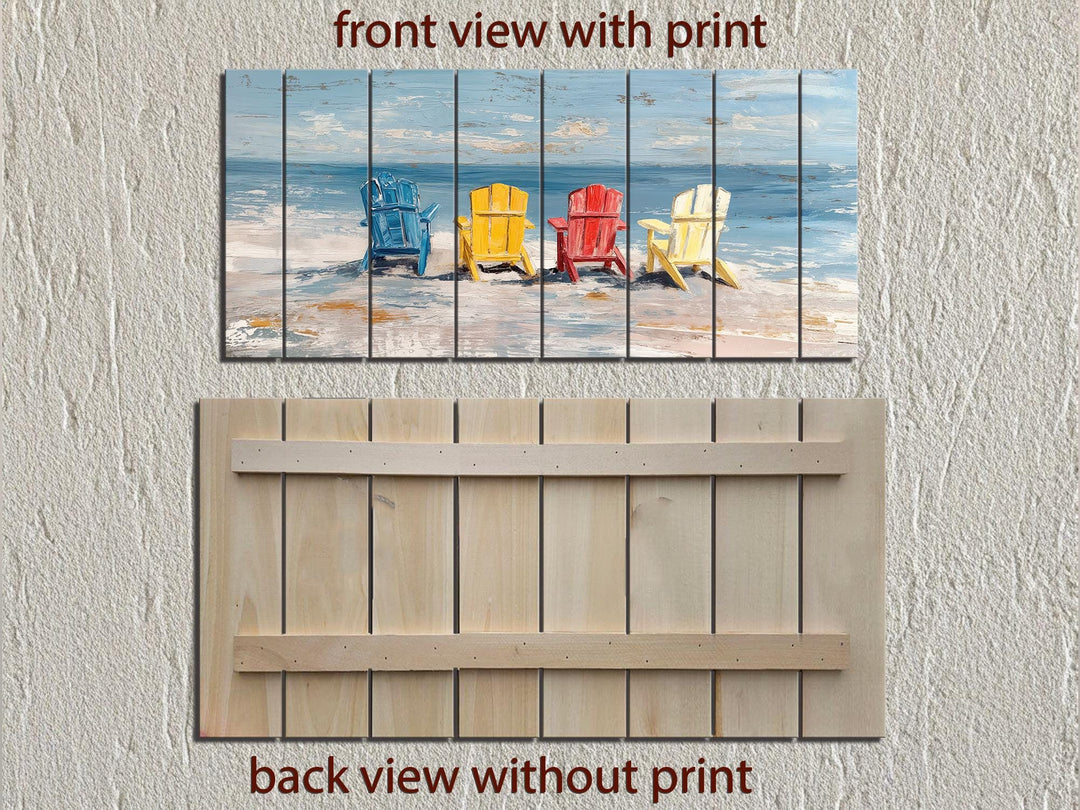 Front and back views of a rustic wood wall art piece featuring colorful beach chairs on a shore.