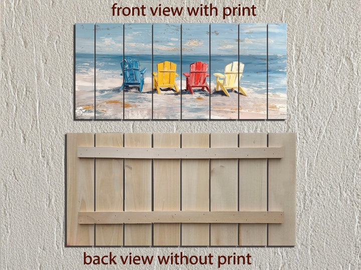 Front and back views of a rustic wood wall art piece featuring colorful beach chairs on a shore.