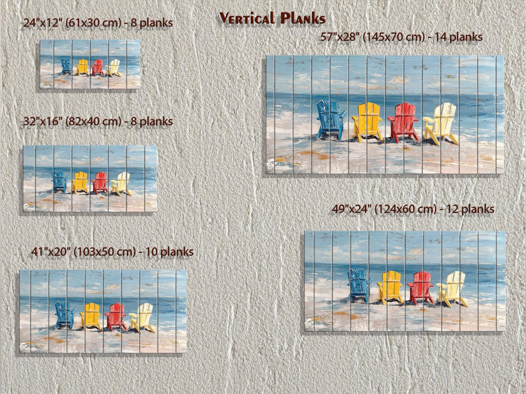 Colorful Adirondack beach chairs printed on vertical wood planks in various sizes for coastal decor.