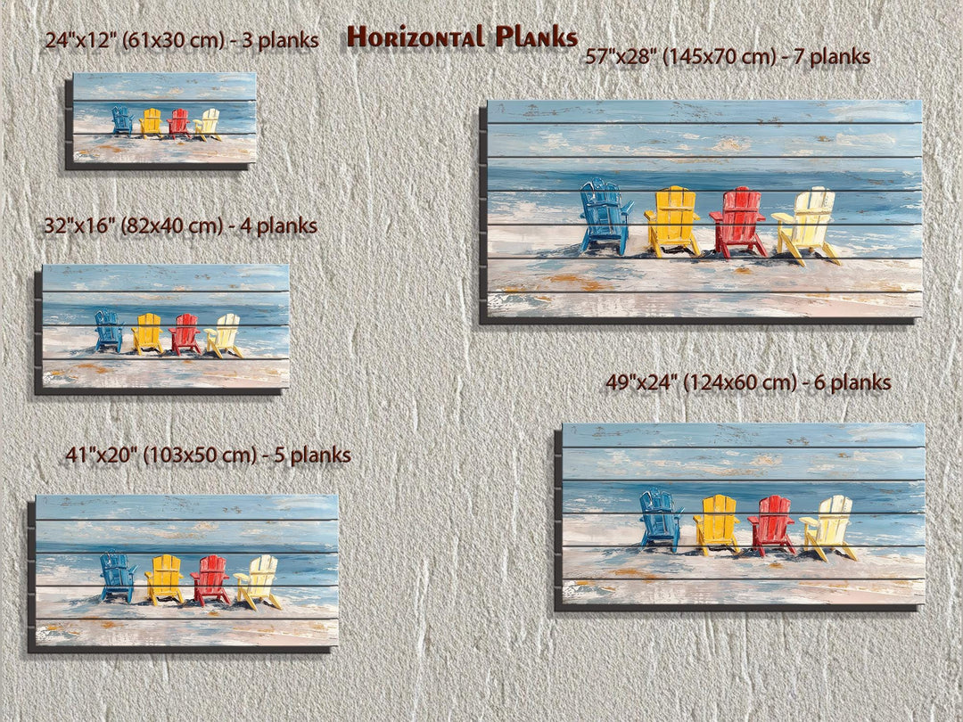 Beach chairs wall art on horizontal wood planks in five sizes with colorful Adirondack chairs.