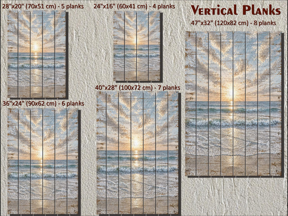 Size guide for beach sunset wood wall art showing five vertical plank options from 24" to 47".