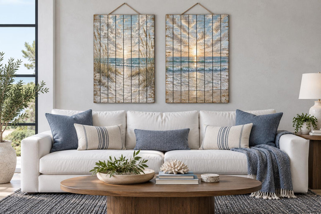Two-piece distressed wood wall art set featuring beach dunes and an ocean sunset with rope hangers.