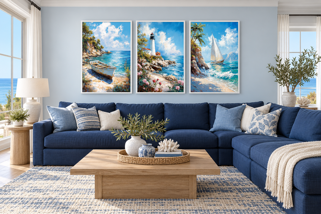Set of 3 framed canvas wall art featuring a lighthouse, sailboat, and old boat in a coastal room.
