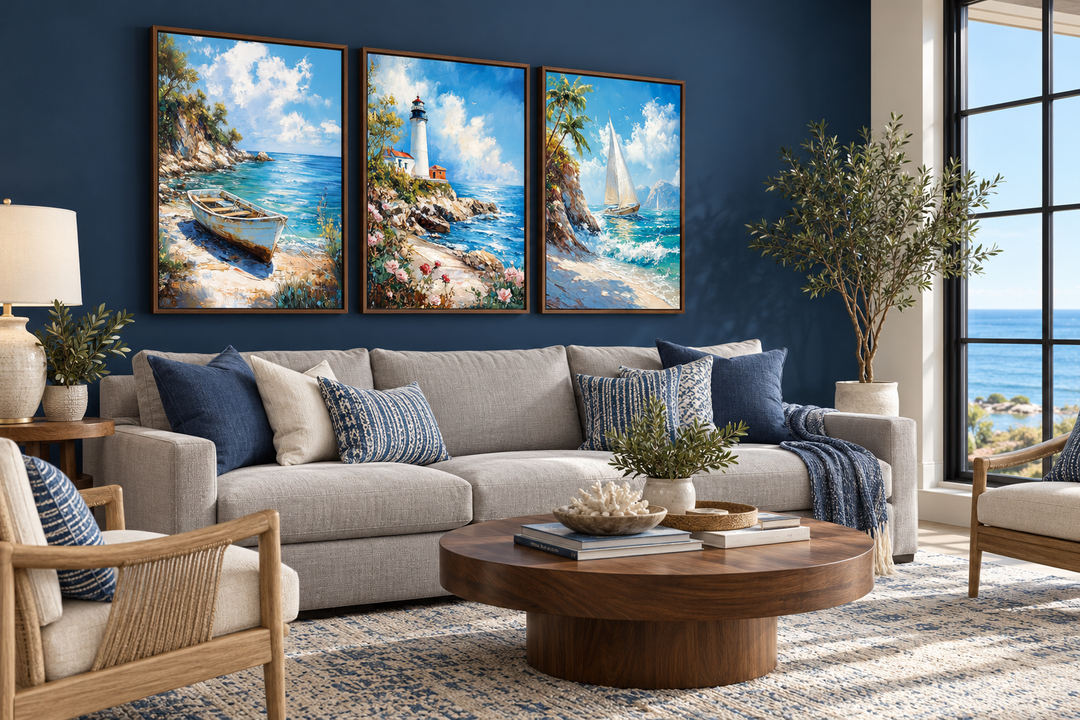 Set of 3 beach house framed canvas wall art featuring a lighthouse, sailboat, and old boat.