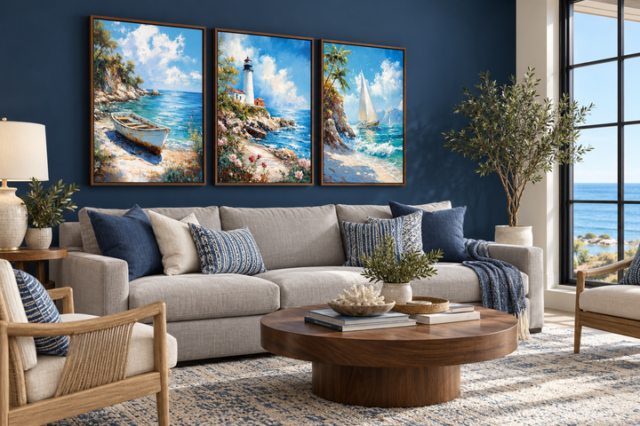 Set of 3 beach house framed canvas wall art featuring a lighthouse, sailboat, and old boat.