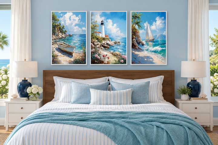 Set of 3 framed canvas wall art featuring a lighthouse, sailboat, and old boat in a coastal bedroom.