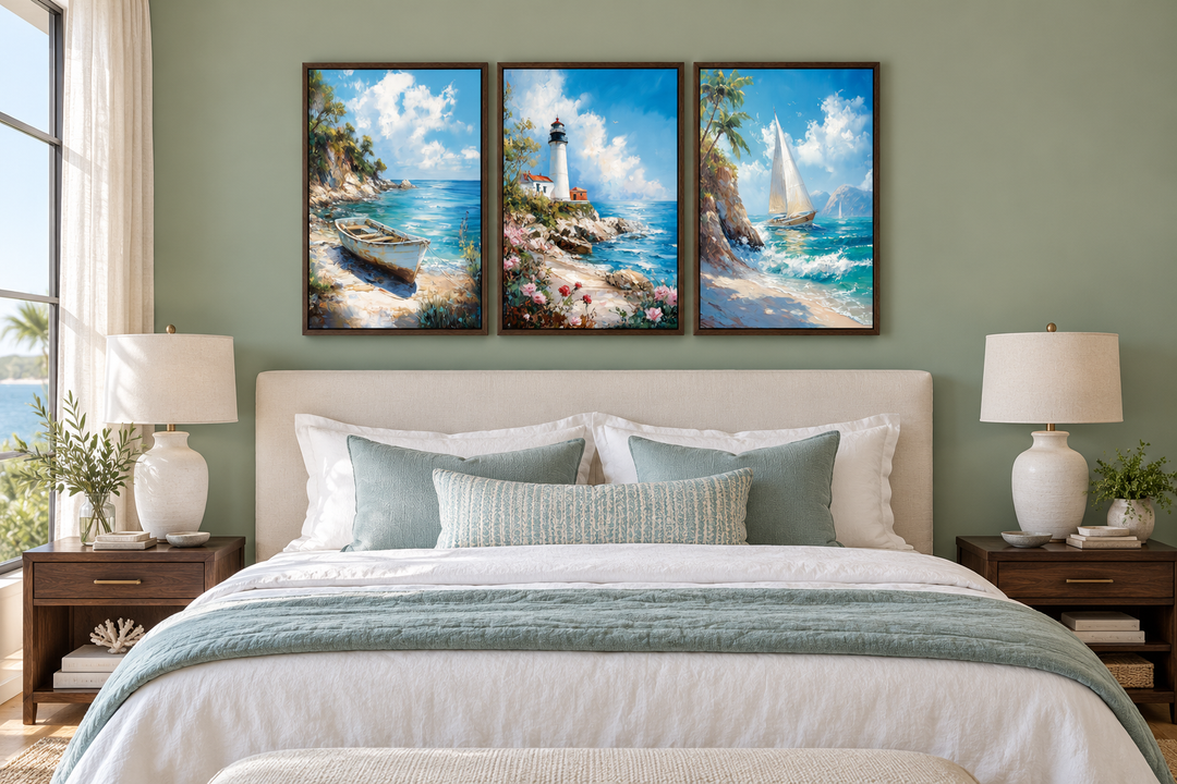 Set of 3 framed canvas wall art featuring a lighthouse, sailboat, and old boat above a bed.