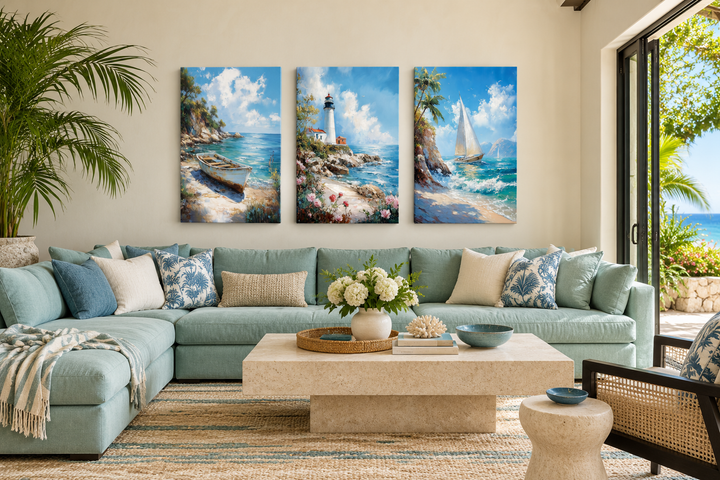 Set of 3 framed canvas wall art featuring a lighthouse, sailboat, and old boat in a coastal room.