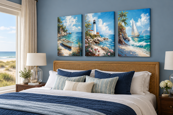Set of 3 beach house framed canvas wall art featuring a lighthouse, sailboat, and old boat.