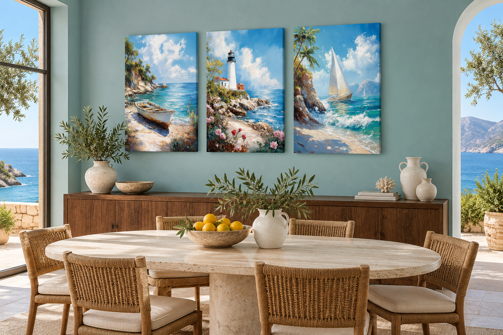 Set of 3 beach house framed canvas wall art featuring a lighthouse, sailboat, and old boat.