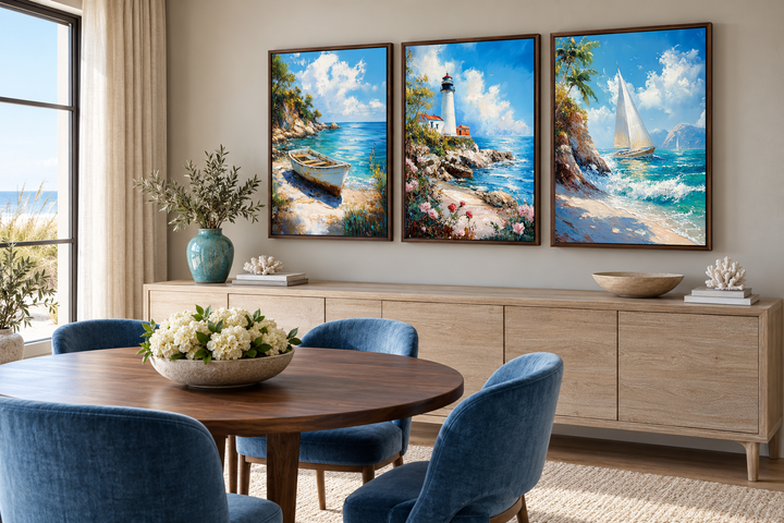 Set of 3 framed canvas prints featuring a lighthouse, sailboat, and old boat in a coastal room.