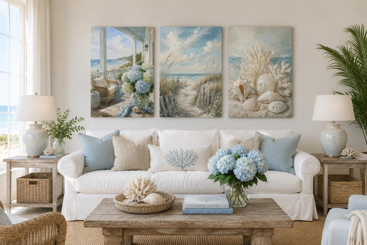 Three-piece coastal wall art set featuring a beach porch, sandy dunes, and seashells over a sofa.