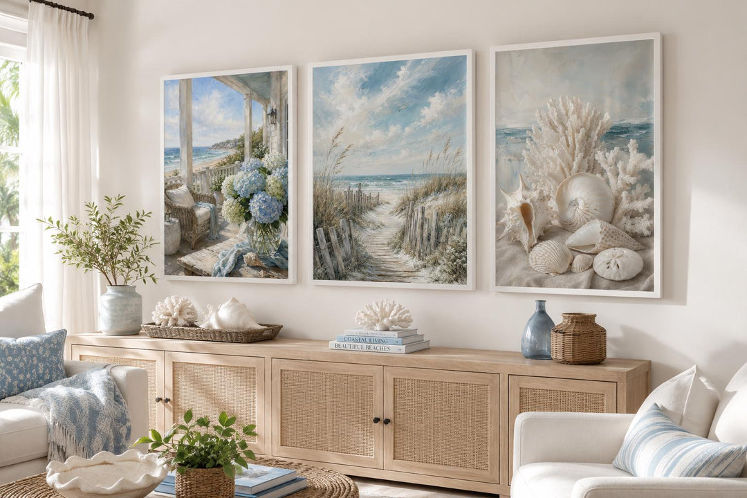 Three-piece framed coastal wall art set featuring a beach porch, dunes, and seashells.