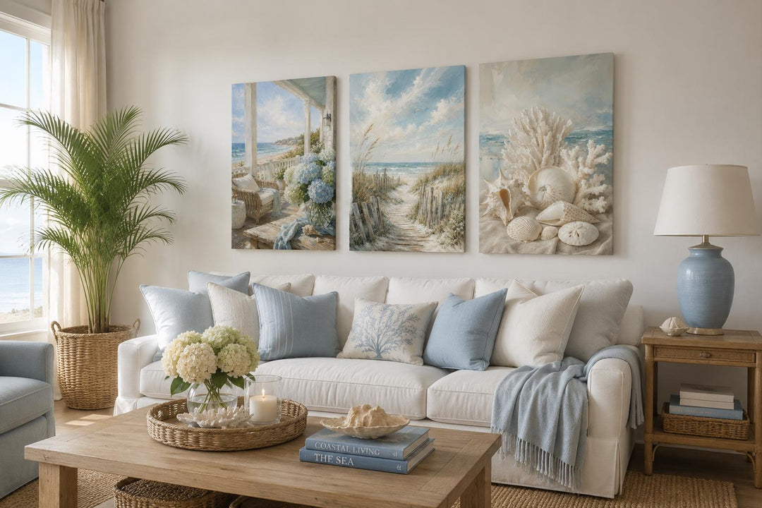 Three-piece coastal wall art set featuring beach scenes and seashells above a white sofa.