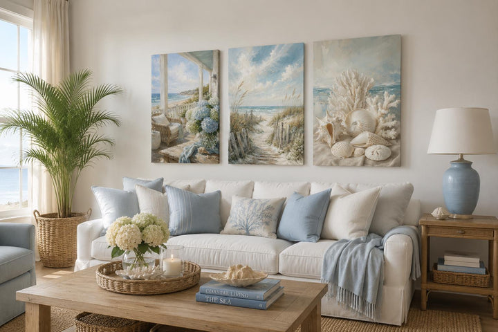 Three-piece coastal wall art set featuring beach scenes and seashells above a white sofa.