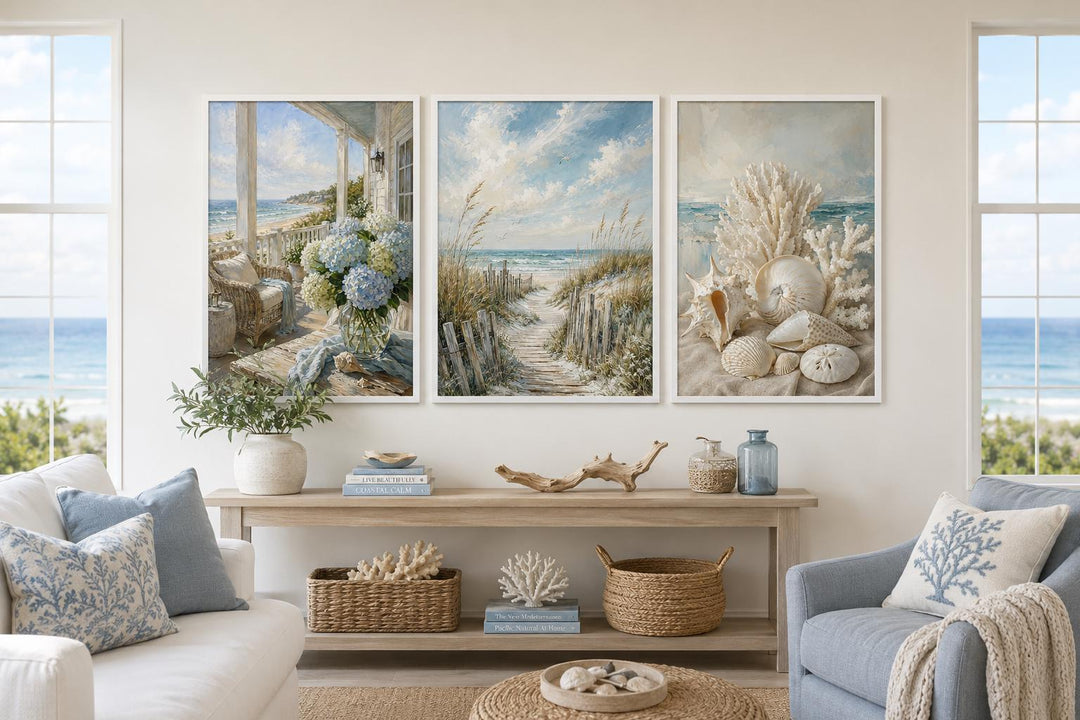 Three-piece framed coastal wall art set featuring a beach porch, sandy path, and seashell still life.