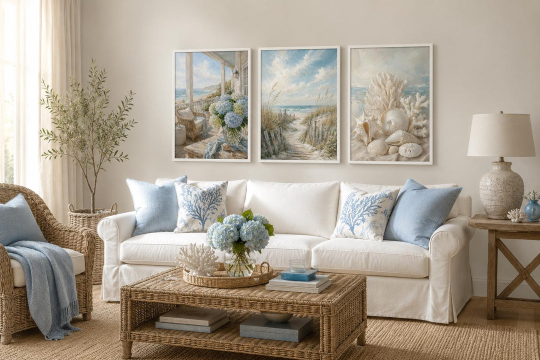 Three-piece framed coastal wall art set featuring beach dunes and seashells above a white sofa.